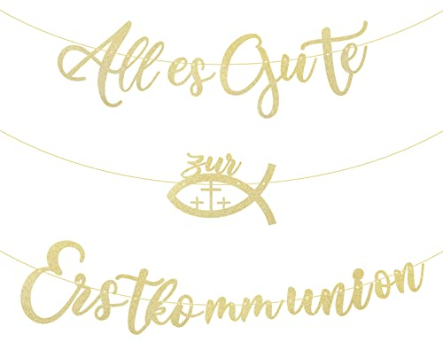 FLOFIA Kommunion Girlande Alles Gute zur Erstkommunion Banner Gold Glitzer Deko Taufe Konfirmation Papiergirlande Dekobanner Hängedeko für Taufe Party Dekoration