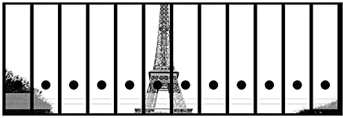 Wallario Ordnerrücken Sticker Eiffelturm in Paris - schwarz weiß - Rückenschilder für 12 breite Ordner, Klebeetiketten