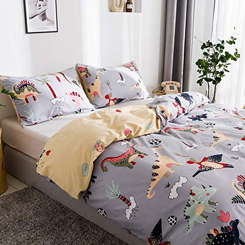 Yaofeiou Kinder Bettwäsche 135x200 Cartoon Dinosaurier Bettbezug Grau Gelb Wende-Bettwäsche Mädchen Jungen Kinderbettwäsche Mikrofaser mit Reißverschluss und Kissenbezug 80x80