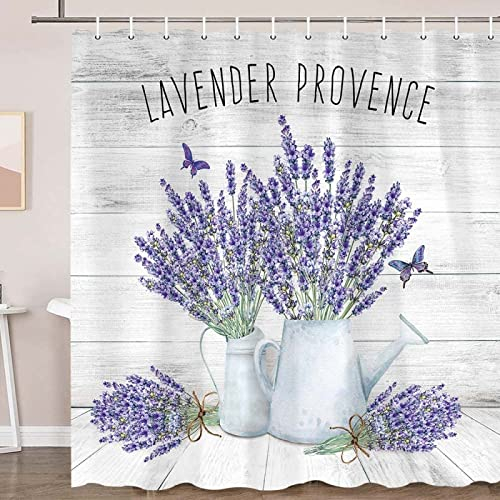 Duschvorhang 120x200 Lila Lavendel, 3D Drucken Pflanze Shower Curtains Textil Anti Schimmel Wasserdicht Duschvorhänge Badewanne Stoff Polyester Waschbar Lang Vorhang mit 8 Haken