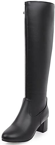 Diuniarza Stivali Alti Al Ginocchio da Donna con Tacco Medio, Stivali da Vestito Tacco a Blocco Zip Punta Rotonda Boots Semplici, 20026Vlw Nero Numero 45 EU