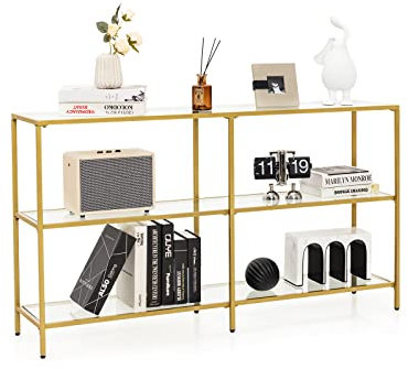 GOPLUS 3 Ebenen Konsolentisch aus Glas, Flurtisch Gold mit Ablage, Couchtisch Sofatisch schmal für Flur & Wohnzimmer (130 x 30 x 73 cm (L x B x H))