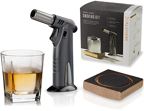 Viski 11022 Alchemi Board Smoking Kit Zum Aufgießen von Getränken – American Oak Whiskey Barrel Holz Rauch – inklusive Glas und Fackel, 3-teiliges Set