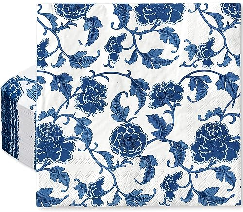 Whaline Papierservietten mit blauem Blumenmuster, Einweg-Papierservietten, Frühlingsblau, Weiß, Pfingstrosen, dekorative Handtücher für Hochzeit, Urlaub, Geburtstag, Party, Braut, Babyparty, Geschirr,