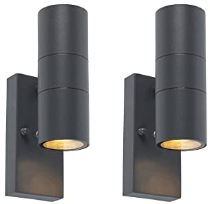 Qazqa - Modern 2er Set Außen Wandleuchte Dunkelgrau 2-Licht Hell-Dunkel Sensor - Duo I Außenbeleuchtung I Up & Down - Edelstahl Rund - LED geeignet GU10
