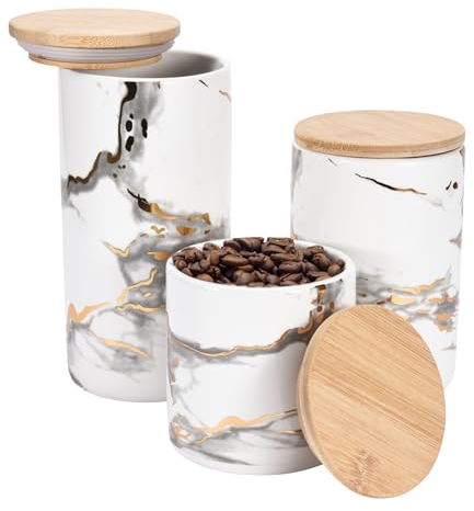 WHOLE HOUSEWARES Elegant Faux Marble Ceramic Canister Set - 3 Piece, White with Bamboo Tops - Ideal for Kitchen Storage of Coffee, Tea, Sugar, and Dry Goods