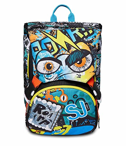 SJ Gang Zaino Scuola Estensibile FACCE DA, Nero Blu – Zaino Doppio Scomparto – Maxi Capienza – mit Flip-System – Zaino Bambino Scuola Elementare – Dinosaurier, Squalo, Zaino Fantasia Animali