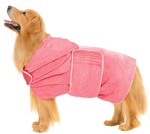 Avont Dog Drying Coat - Microfibre Bath Robe Towel for Fast Drying and Super Absorbency with Hood & Belly Straps, Ultra Soft Puppy Dressing Gown Doggie Shower Towelling Pet Bathrobe -Pink (L)