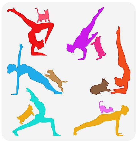 FINGERINSPIRE Yoga Pose Schablone 30x30 cm Wiederverwendbar Yoga Mit Katze Hund Malvorlage Gymnastik Frauen Übungsschablone Zum Malen Auf Holz Wand Stoff Leinwand Möbel Basteln