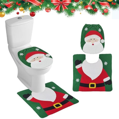 Figarge Weihnachts Toilettensitzbezug Dekorationen Toilettensitzbezug Weihnachten Teppich Set Weihnachtsmann Schneemann Elch Toilettenvorleger Set WC Sitz Abdeckung für Badezimmer, 2 Stücke