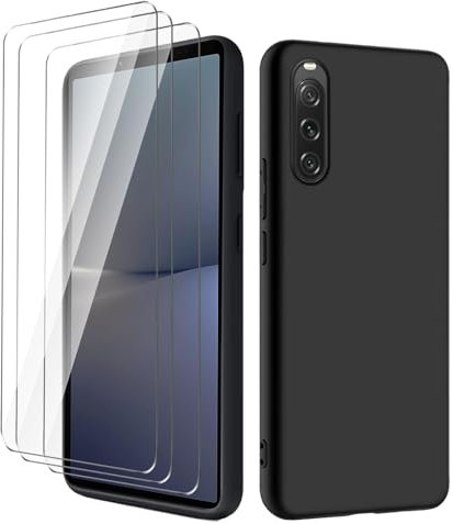 Wanglaism Mobile Phone Case for Sony Xperia 10 V 5G Case + 3 Tempered Glass Screen Protectors, Black TPU Mobile Phone Case Cover