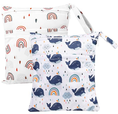 Newofview 2 Stück wasserdichte windeltasche Stoffwindeln Nasstaschen Große Wickeltasche Wetbag Nasstaschen Wiederverwendbare,Wet Dry Cloth Windeltasche mit Reißverschluss für Baby Reisen Unterwegs