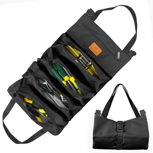 Werkzeug Rolltasche, Canvas Schraubenschlüssel Werkzeugtasche, Mehrzweck Rolltasche mit 5 Reißverschlusstaschen, Ideal für Klempner Handwerker und Elektriker (Schwarz)
