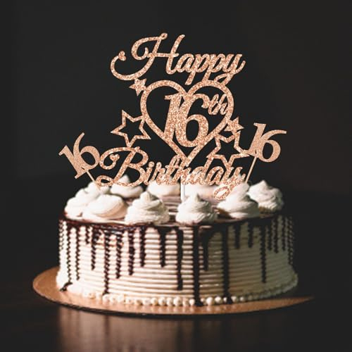 bng-bng 16th Birthday Cake Topper Girls Rose Gold Glittery Happy 16th Birthday Cake Cupcake Toppers For Girl 16 Sixteen Years Old Birthday Party Supplies Decorations