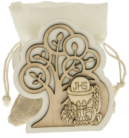 Ingrosso e Risparmio Bomboniera Comunione 6PZ Scatolina in Legno Portaconfetti Albero della Vita con Sacchetto e Simboli Prima Comunione Calice Ostia Femmina Maschio