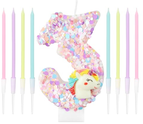 Unicorn Birthday Candle Cake Decoration, Shiny Pink Unicorn Number 3 Birthday Candle and Candle Sticks for Girls Babys 3rd Birthday Party, Baby Bath Party