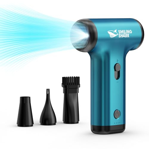 Smiling Shark Souffleur Air Comprimé, JF-01 Vitesse Variable 130000TR/Min 5Kpa Dépoussiérant Puissants Électrique avec Lumières LED 2 en 1 Mini Air Duster pour Nettoyage PC/Clavier/Voiture, (Bleu)