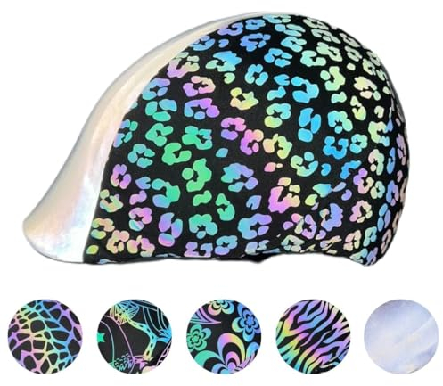 Reflektierender Reithelmüberzug | Universelle Größe | Sicherheit für Reiter & Pferd | Helmschutz für Tag & Nacht | Elastisch & rutschfest | 360° Sichtbarkeit | Reitausrüstung (Leopard)