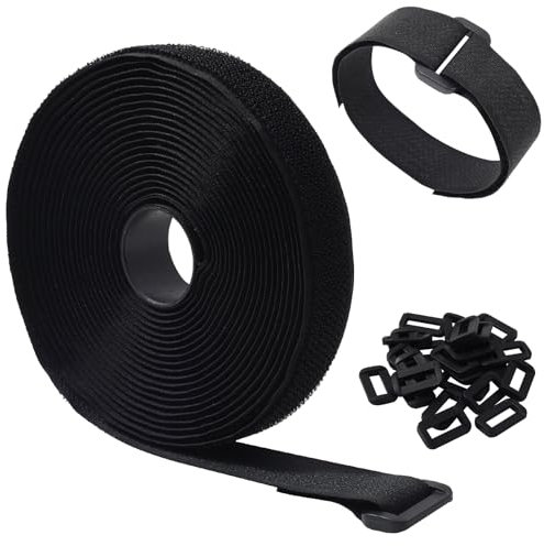 Sukmax Adjustable Cable Straps, Black Reusable Fastening Cable Ties, Hook and Loop Securing Strap for Cable Tidy, Cable Management Wires Cords Ties,20mm Wide 5m Length