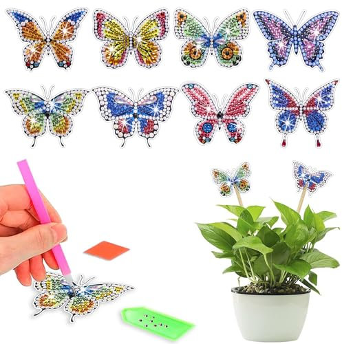 Bettinay 8PCS Butterfly Diamond Art for Garden Patio Decoration, Diamond Art Butterfly for Boys and Girls Craft Lovers