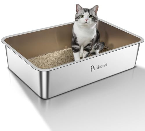 Katzentoilette aus Edelstahl: Extra große Metall-Liter-Box – leicht zu reinigende hohe Seite Katzentoilette aus Metall für große Katzen und Kätzchen-Kaninchen, antihaftbeschichtet, auslaufsicher