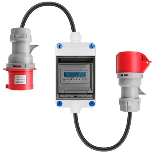 Mobile Stromzähler Box mit 400V 32A 3 Phasen CEE Stecker und Kupplung, IP55 CEE Adapter Stromzähler für Wohnwagen, Baustelle, Camping E-Auto(mit Reset) 5x2.5mm² Gummi Starkstromkabel