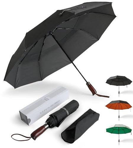 ENGLISH SUMMER Paraguas de lujo resistente al viento para lluvia y sol: fuerte, automático, toldo extragrande, ventilado, plegable portátil, calidad, mango de madera auténtica, Negro carbón, Extra