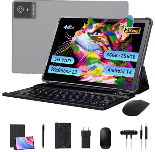 RUSHAR Tablet 10,4 Zoll Android 14 mit 36GB RAM+256GB ROM (1TB TF),Tablet 4G LTE+5G WiFi,IPS 2K HD,Octa-Core,13MP+8MP,8000mAh,Bluetooth,Tablet mit Tastatur etc,Grau