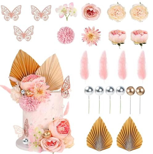 23 Pcs Rose Gold Cake Decorations, Flower Cake Decorations, Flower Cake Topper, Pink Cake Decorations,Cake Decorations for Women for Birthday Wedding Anniversary