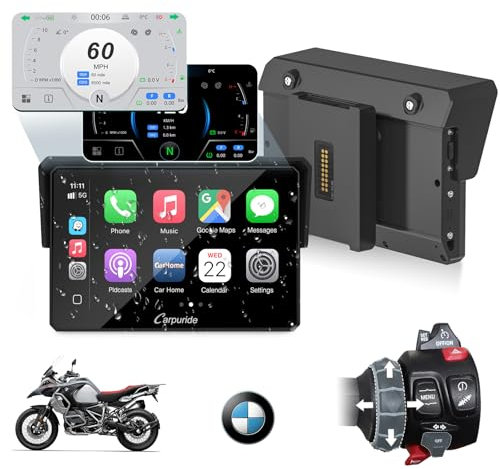 CARPURIDE W502BS Pro para BMW CarPlay y Android Auto para Motocicletas, Bluetooth Dual, Pantalla de Navegación GPS Impermeable de 5 Pulgadas, Lectura de Datos, Native Wonder, TPMS, Sensor de Luz