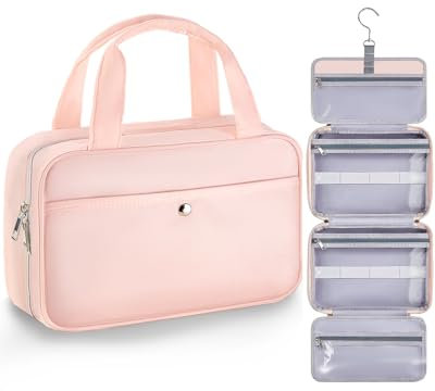 Chakipee Travel Hanging Toiletry Bag for Women - Foldable Toiletries Waterproof Organizer with Clear Window, Lightweight Wash Bags for Essentials, Makeup, Shampoo,Pink, Medium