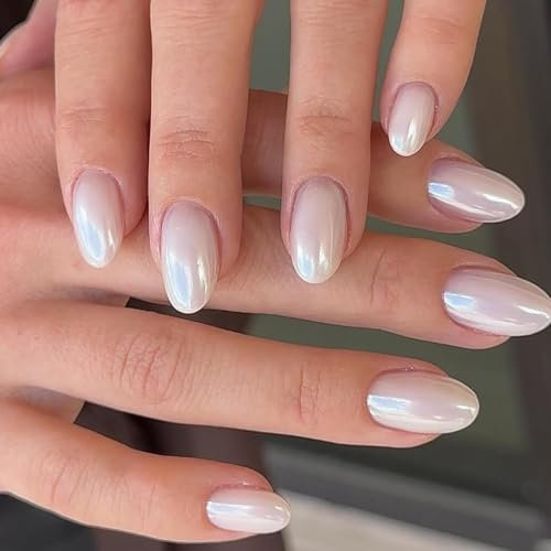 Chrome White False Nails Short, SXVME Chrome Press On Nails Short Oval, Glazed Gel Fake Nails Press on, Cute Glitter Acrylic Nails Short Almond, Natural Stick on Nails for Women Daily Wear