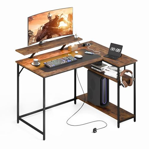 Mondeer Bureau Gaming LED en Forme L, 120 x 90 cm Bureau Angle d'Ordinateur Réversible avec Port de Charge USB et Prise de Courant Étagères, pour Bureau à Domicile Chambre à Coucher, Marron Vintage