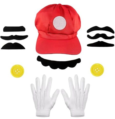 MUNSKT Cosplay-Kostüm-Zubehör-Set mit Bodysuit, Mütze, Schnurrbärte, weiße Handschuhe, Bros-Kostüm, für Damen und Herren, 4 Stück