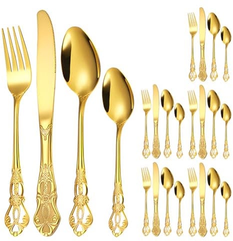 Cutlery Set, 24 PCS Stainless Steel Golden Flatware Set Service for 6, Mirror Polished Tableware with Knives Forks Spoons Teaspoons with Crown Shaped Handle, Dishwasher Safe/Easy Clean