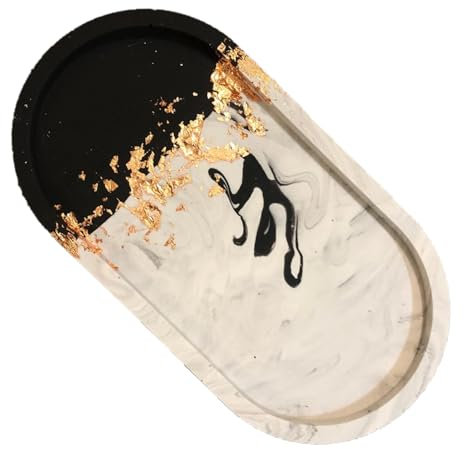 Handmade Jesmonite Oval Vanity Tray - Grey Marble Effect with Gold/Copper/Silver Leaf Detail | Decorative | Jewellery | Trinket | Home Bedroom/Bathroom Decor (Black, White & Copper Leaf Detail)