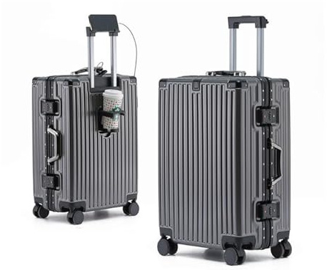 Meoky Bagages À Main Bagages sans Fermeture Éclair Bagages en Aluminium Bagages À Emporter avec USB Valise avec Porte-Gobelet avec TSA avec Cadre en Aluminium,B,20in