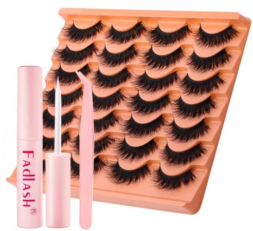 Fadlash Kit Pestañas Postizas 14 Pares Volumen Pestañas Rusas 3d Pestañas Postizas Suave Natural Pestañas Postizas Reutilizables para Diy en Casa Con Pegamento,Pinzas(LZ-DD-14)
