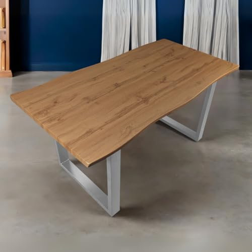 Bett11 Esstisch 160x85 cm Holz 40mm Eiche-Optik, U-Gestell Silber, Baumkantentisch aus Holz, Casa Massiva