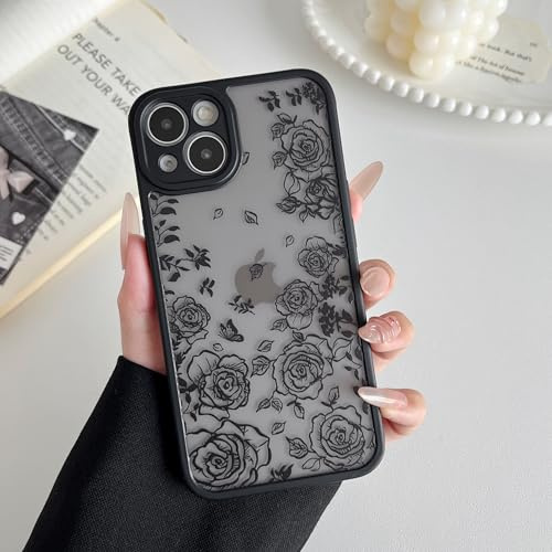 XIZYO Niedlich Rose Blume Hülle für iPhone 13, Blätterfall Rose/Schwarz | Ästhetisch Floral Muster, Luxus Vintage Mädchen Stil, Schlanke Dünne, Matt Transluzent Gestaltung, Stoßfest Anti-Gelb