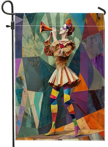 Abstrakte Zirkus-Gartenflaggen, 30,5 x 45,7 cm, doppelseitig für den Außenbereich, dekorativ, buntes lustiges Clown-Muster, Vorhof-Hausflagge, coole seltsame Outdoor-Flagge, kleine