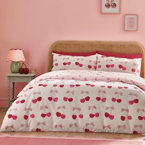 Catherine Lansfield Cherries and Bows Reversible Double Duvet Cover Set with Pillowcases Pink