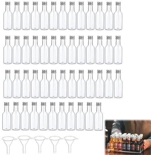 Botellitas de Licor Pequeñas,Botella de Vino de Plástico Vacía con Tapa,Botella de Jugo de Plástico,50 Piezas 100 ML Botellas de Vino Vacías Reutilizables con Tapón de Rosca y 5 Embudos Tokaneit