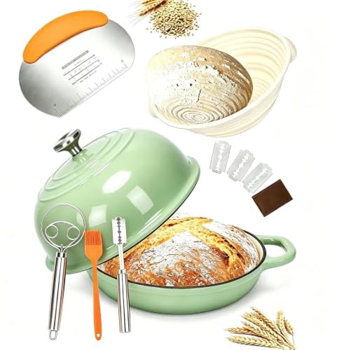 GFTIME Casserole en fonte avec couvercle, cocotte en fonte de 5 quarts, casserole à pain avec panier de fermentation, trancheuse, mélangeur à pâte, casserole en fonte pour la cuisine, la cuisson, le
