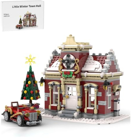 Weihnachtshaus Bausteine Modell, Winter Rathaus Bausatz, Kleines Weihnachtsdorf mit Weihnachtsbaum, Oldtimer & Park, Architektur Haus Bausatz, Weihnachten Serie Bauklötze für Erwachsene, 983Teile