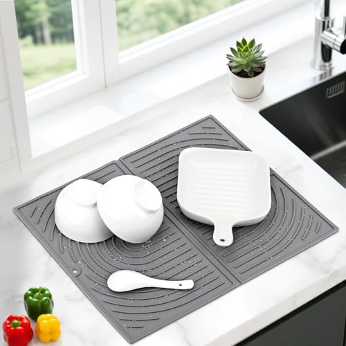 Euqvunn Alfombrilla Escurreplatos Silicona, Alfombra Secaplatos para Cocina Fregadero, Bandeja Escurridor Plegable, Antideslizante, Secado Rápido, Resistente al Calor, 43×34 cm (Gris)