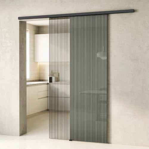 doporro Glasschiebetür Komplettset Softclose 102,5 x 205 cm Schiebetür | mit Sicherheitsfolie 8mm ESG-Sicherheitsglas Zimmertür Glas Schwarz gebürstet mit Quadratgriff Muranino-001