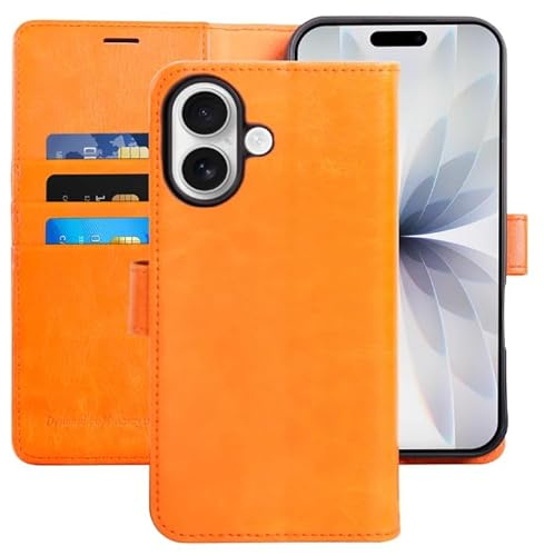 MONASAY Wallet Case for iPhone 17 with 3 Card Holders - Orange | With a Kickstand, RFID Blocking, 6.6 feet of shock absorption, PU Leather, Strong Magnetic Closure, Fits 6.3 inch ONLY