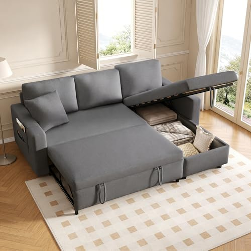 Wyibwy Sofá esquinero en forma de L con función cama y almacenamiento, sofá de 3 plazas con cama extensible y bolsillos de almacenamiento, sofá cama con chaise longue intercambiable, sofá convertible