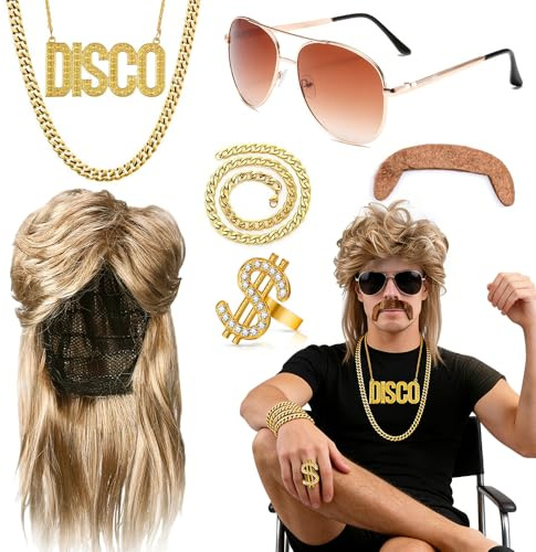 KUWUNG Herren Faschings Kostüm Set, 70er 80er Jahre Vokuhila Perücke Herren, Sonnenbrille, Goldkette, Schnurrbart, Goldring, Männer Karneval Kostüm Zubehör Fasching Party